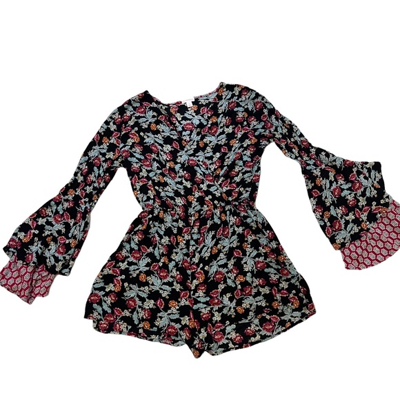 Xhilaration Button-Front Long Sleeve BohoRomper, Black Berry - Picture 7 of 11